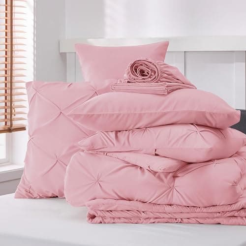 Bedsure Queen Comforter Set Baby Pink - Bed in a Bag Queen Size Bedding 7 Pieces, GentleSoft™ Pintuck Bed Set Gift for Family, Pinch Pleat All Season Comforter with Sheets, Pillowcases & Shams thumbnail 7