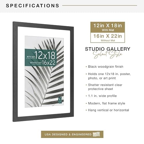 MCS Studio Gallery 16x22 Matted Poster Frame with 12x18 Picture Display, Black Woodgrain Engineered Wood Vertical & Horizontal Wall Hanging Large Picture Frame for Photos, Posters & Art Prints (1-Pack) thumbnail 4