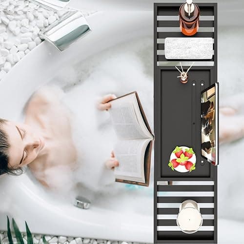 Bathtub Tray Black - Bath Tray Expandable - Bath Table Trays for Bathtub/Tub,Premium Bamboo Wooden, Fits Most Bath Tubs thumbnail 7