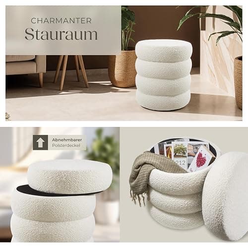 tectake® Hocker mit Stauraum, Scandi Sitzhocker Bouclé Teddy Stoff, Pouf, Polsterhocker rund für Schminktisch, Wohnzimmer Möbel, als Flur Möbel, Stauhocker Wohnen, Ø 42 x 47 cm - Bouclé Creme-weiß thumbnail 6