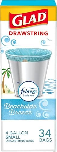 Glad Odorshield Small Drawstring Trash Bags, 4 Gal, Febreze Beachside Breeze, 34 Ct, Pack May Vary - Image 1