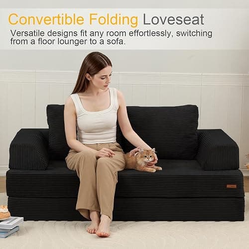 COMAX Convertible Sofa Bed, Folding Floor Couch Corduroy Fold Out Couch Bed Futon Sleeper Mattress with Pillows, Boneless Sofa Comfy Lounge Loveseat for Living Room Bedroom, Black thumbnail 5