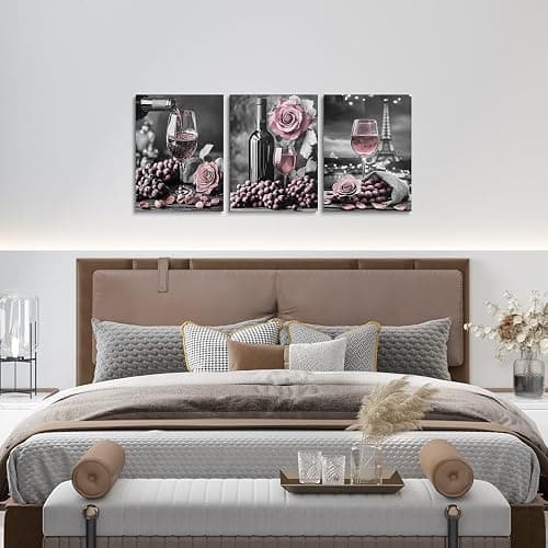 Wine Glasses Canvas Wall Art,Pink Rose Paintings Wall Decor Living Room Wine Pictures Wall Decor Artwork for Walls,Romantic Flowers Paris Eiffel Tower Hang Pictures Home Decor,Black White and Grey - Pink Black White Grey thumbnail 4