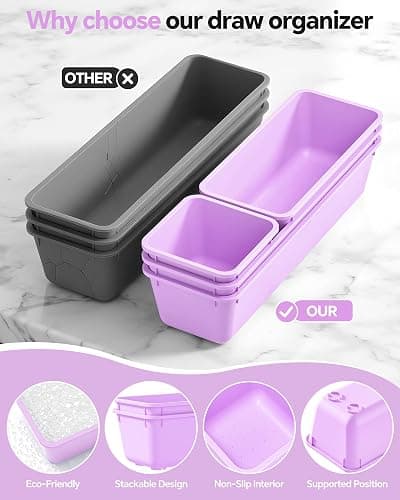 Canfanni 13 Pack Plastic Drawer Organizers Set, 3 Sizes Desk Drawer Organizer Trays for Vanity and Makeup Organizer, Organization and Storage for Makeup, Kitchen Utensils, Bathroom and Office(Purple) thumbnail 4