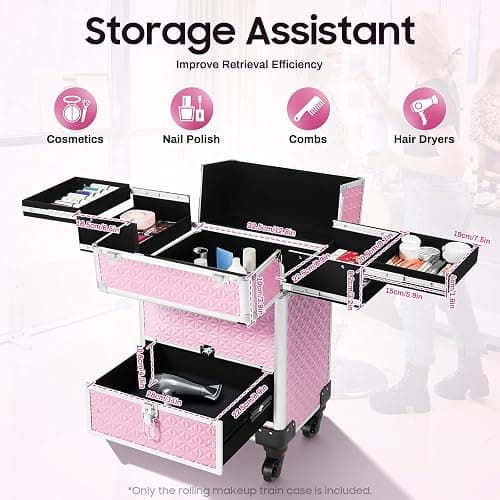 KHROOLT Rolling Makeup Case, Aluminum Cosmetic Train Cases with Drawer Rolling Makeup Cart Cosmetic Organizer 3 Tier Travel Case Salon Barber Case for Makeup Tattooist Nail Tech Hairstylists thumbnail 2