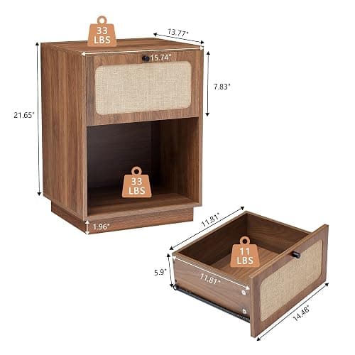 SUJOUCRAFT 16" Nightstands Set of 2, Mid-Century Vintage Wooden Night Stand with Drawer and Open Shelf, Linen Decor Farmhouse Side Table End Tbale for Bedroom, Dorm, Living Room (Walnut) thumbnail 2