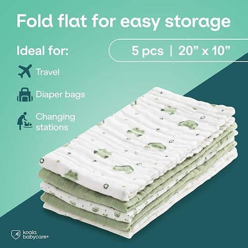 Koala Babycare 5 Pack 20"x10" Organic Burp Cloths for Baby Boys and Girls - GOTS & OEKO-TEX Cotton Burp Rags for Newborns - Absorbent Neutral Burping Cloths for Feeding - Washable Baby Bibs Essentials thumbnail 4