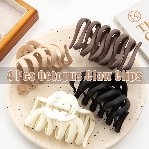 4 Pcs Octopus Claw Clips Octopus Hair Claw Clips for Women 3.8" Large Hair Claw Clip for Women Strong Grip Non-slip Jaw Clip for Thick,natural color thumbnail 3