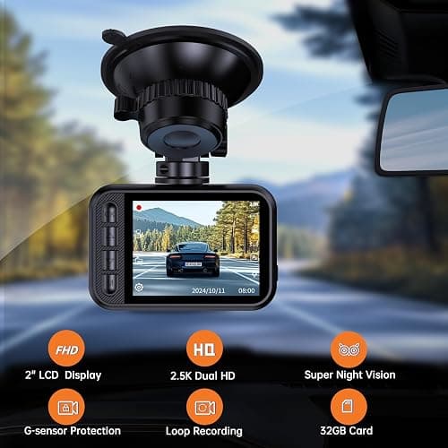 E-YEEGER Dash Cam Front and Rear, 2.5K Dual Dash Camera for Cars, 2560P Mini Car Camera, 2 inch IPS Screen, 32GB Card Included, WDR Night Vision, 24 Hours Parking Monitor, G-Sensor, Support 256 GB Max thumbnail 2