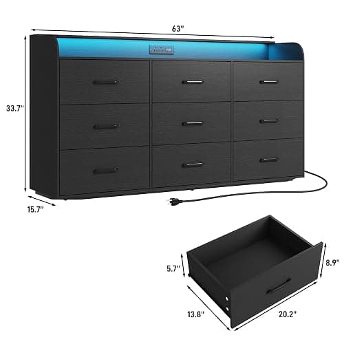 9 Drawers Dresser for Bedroom, 63" Wood Dresser with Power Outlet, LED Lights and Deep Drawers, Wide Chest of Drawers, Modern Minimalist Closet Dressers for Kids Bedroom, Living Room, Nursery, Black thumbnail 2