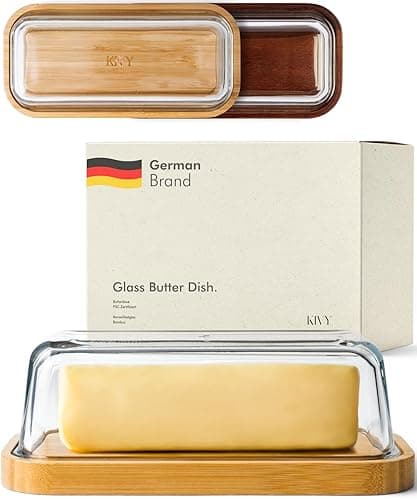 KIVY Glass butter dish with airtight lid that keeps butter soft - For countertop and refrigerator door shelf - Butter tray with lid fridge - Butter holder for counter - Covered butter dishes with lid - Bamboo Butter dish - Image 1