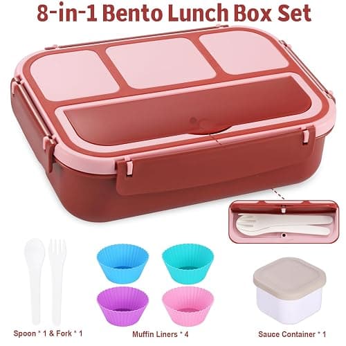 shell and turtle Bento Box Adult Lunch Box, Lunch Containers for Kids Girls Boys with 4 Compartments, Lunchable Food Container with Utensils, Sauce Jar, Muffin Liners, 40 Oz/5 Cup, Retro Red thumbnail 6