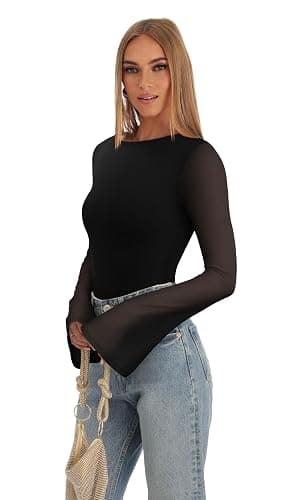 REORIA Women's Trendy Sexy Boat Neck Bell Sleeve Sheer Mesh Going Out Bodysuit Tops thumbnail 5