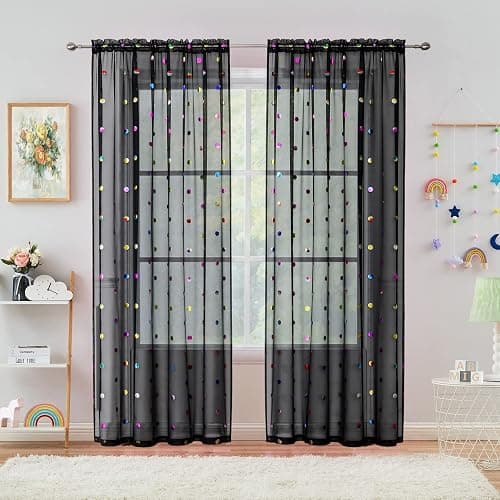Urban Lotus Black Sheer Colorful Polka Dots Curtains for Bedroom 84 Inches Light Filtering Semi Sheer Window Treatment Sets for Kids Room Decoration, Rod Pocket, 52" w 2pcs - 52"W x 84"L (Pack of 2) - Black - Image 1