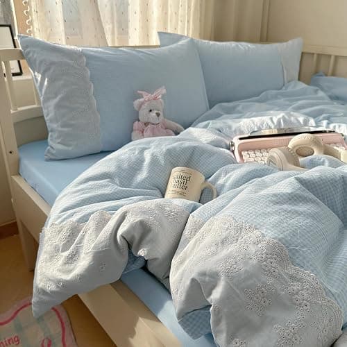mixinni Blue Gingham Duvet Cover Full Size - 3 Piece Cottagecore Plaid Bedding Set with Lace Trim, Soft Washed Microfiber Vintage Aesthetic Grid Comforter Cover & Pillow Shams, (Blue White Gingham) thumbnail 3