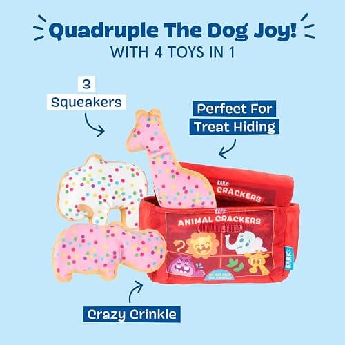 BarkBox Animal Squeakers 4-in-1 Interactive Plush Dog Toy | Squeaky Dog Toys with Crinkle Box and Treat-Hiding - For Extra Small to Small Dogs and Puppies thumbnail 4