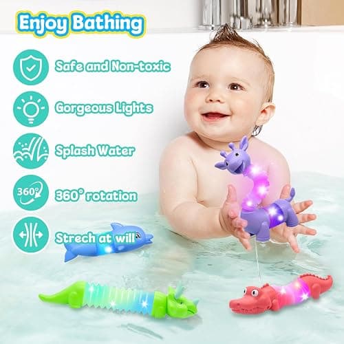 DELEE Bath Toys 4Packs Animal Shaped Pop Tubes Baby Bath Toys with LED Lights Floating Swimming Water Toys,Perfect for Bath Time Fun,Travel,Pool Play,Idea Gift for 3 4 5 year olds Toddlers and Kids thumbnail 3