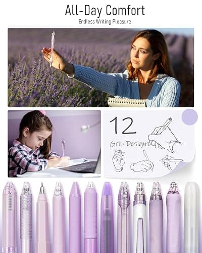 Four Candies Lavender Series Gel Pens, Black & Purple Ink Writing Pens with 0.5 mm Smooth Fine Point, School Office Stationery Supplies Desk Accessories Stocking Stuffers Gifts for Women, Set of 12 thumbnail 6