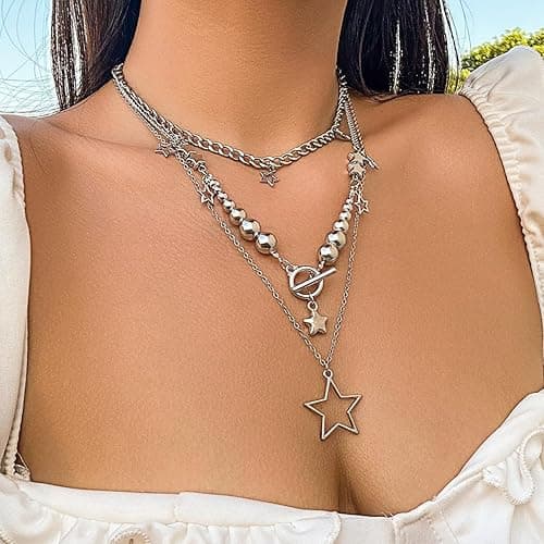 2 Pieces Silver Star Necklace Y2K Jewelry Set Grunge Necklace Kawaii Cute Necklaces Aesthetic Vintage Emo Jewelry - Silver 1 thumbnail 3