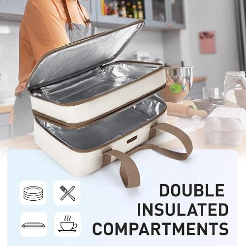 TOURIT Double Decker Insulated Casserole Carrier for Hot or Cold Food Expandable Thermal Food Carrier for Picnic Cookouts Potluck Parties Fits 9" x 13" Baking Dish thumbnail 6