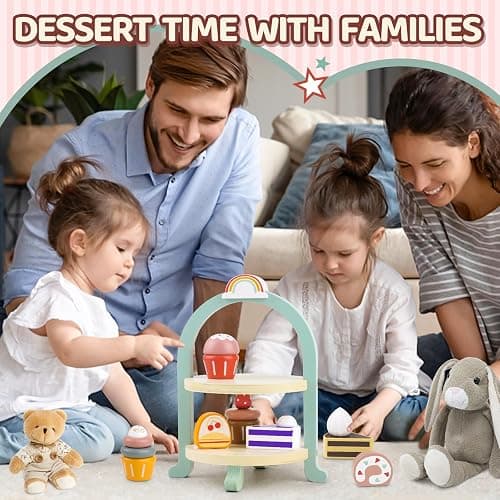 Airlab Wooden Cake Toys Tea Party Set for Little Girls Boys Pretend Play Kids Kitchen Accessories Desserts Food Toy with Cupcake Stand Toddler Gift for 3 4 5 Years Old thumbnail 8