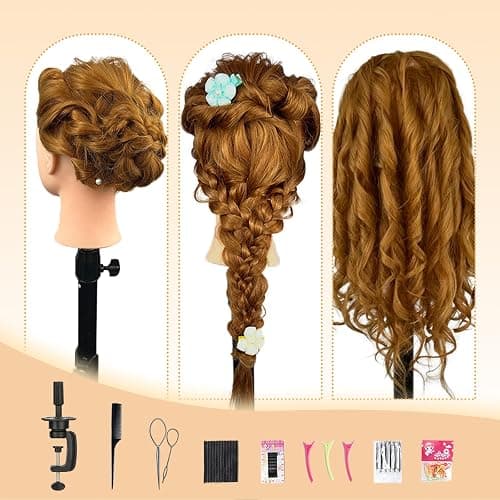22" MQHIHI Mannequin Head Human Hair Cosmetology Manikin Doll Head with 80% Real Hair for Hairdresser Practice Cutting Braiding Hair Styling with Clamp Holder and Tools (Light Brown) thumbnail 5