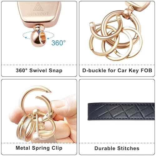 OHKYOOT Leather Wristlet Keychain,Wrist Keychain Car Key Chain with 3 Key Rings,D Ring and Slim Wallet thumbnail 2