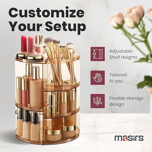 Masirs 360 Rotating Makeup Organizer - Adjustable Shelf Height and Fully Rotatable - The Perfect Round Spinning Cosmetic Organizer for Bedroom Dresser or Vanity Countertop Storage (Brown) thumbnail 3