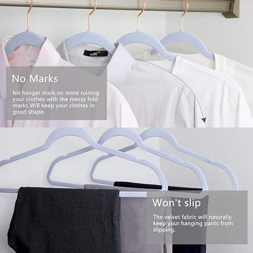 MIZGI Premium Velvet Hangers (50 Pack) Heavy Duty - Non Slip Felt Hangers - Velvet Suit Hanger Light Blue - Rose Gold Hooks,Space Saving Clothes Hanger thumbnail 5