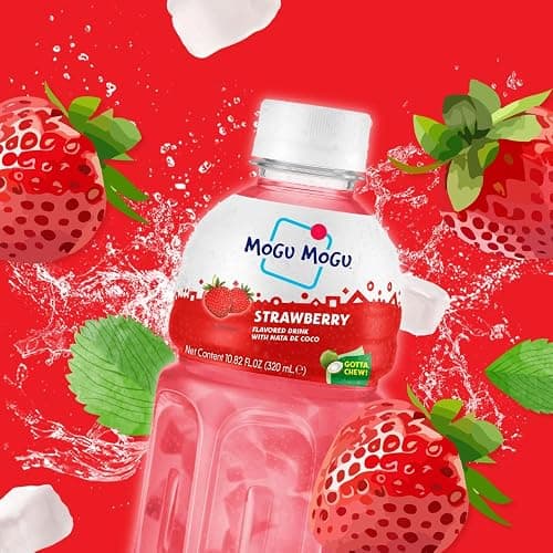 Mogu Mogu Strawberry Juice Drink with Nata de Coco (Coconut Jelly) – Chewy Fruit Beverage for Kids & Adults, 6 Pack Bottles, 10.82 fl oz Each thumbnail 5