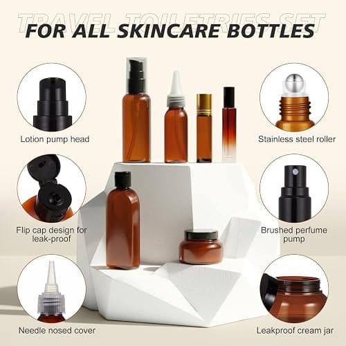 21 Pcs Amber Plastic Travel Toiletry Bottles Set, TSA Approved Travel Containers, Leak Proof Containers with Refillable Squeeze Bottle, Roller Balls, Pump sprayer, Perfume Atomizer, Labels & Funnel thumbnail 3