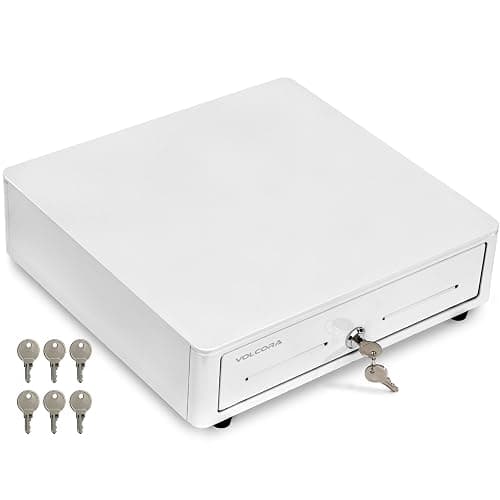 Volcora Cash Register Drawer for (POS) Point of Sale System with Round Corner 13", Removable Coin Tray, 4 Bill/5 Coin, 12-24V, RJ11/RJ12 Key-Lock, Media Slot,Cash Till for Businesses, White - Image 1