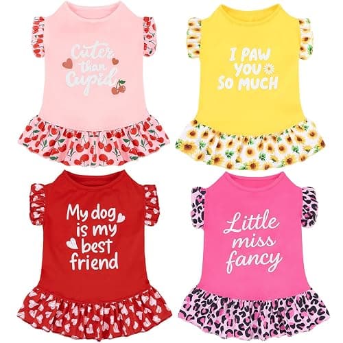 XPUDAC 4 Pack Cute Dog Dress for Small Dog, Floral Puppy Dress Sweet Girl Pet Skirt Outfits Colorful for Birthday Holiday Spring Summer Pet Clothes for Girls, M - Image 1