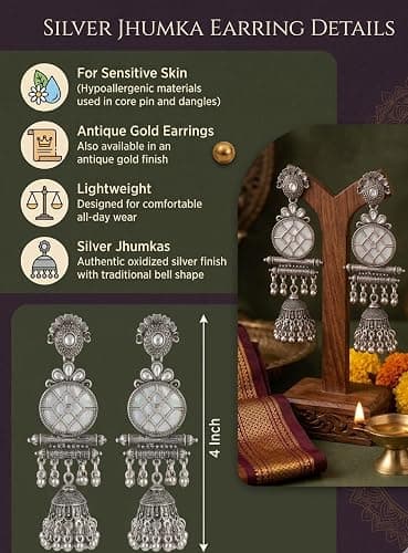 Indian Silver Oxidized Jhumkas Earring for Women Indian Ethnic Traditional Lighweight Dangle Long Jhumka Hoop Earring Jewelry Birthday Gifts thumbnail 4