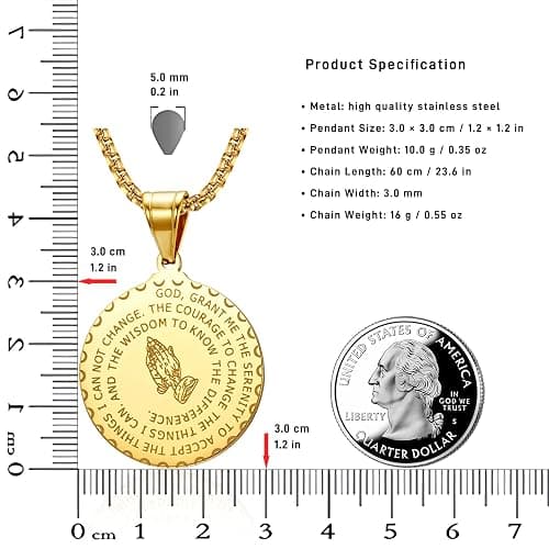 Yaumatea Serenity Prayer Necklace with Praying Hands Coin Pendant for Men Women Lords Prayer Bible Verse Courage Wisdom Stainless Steel 24 inches thumbnail 4