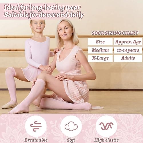 Cuffbow 4 Pairs Pink Ballet Tights Socks Thin Knee High Dancing Socks Women Girls Ballet Stockings for Dance Jazz Shoes thumbnail 5