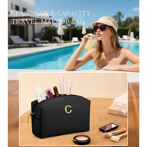 CLOUDWINGS Gifts for Women Bridesmaid Gifts Personalized Initial Makeup Bag PU Leather Cosmetic Waterproof Travel Toiletry Bag (Black C) thumbnail 8
