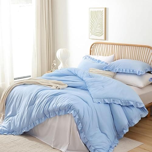 JANZAA Ruffle Light Blue Comforter Set Queen Size Comforter 3PCS 1 Emerald Comforter and 2 Pillowcases Vintage Farmhouse Shabby Chic Bedding Soft Fluffy Comforter Set All Season (Light Blue, Queen) thumbnail 6