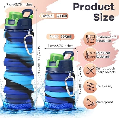 Sunnyray 14 Pack Collapsible Water Bottles Travel 17oz Silicone Portable Foldable Bottles Leak Proof Reusable Sports Cups with Clip for Camping Hiking Cycling Outdoor(Dark Color) thumbnail 2