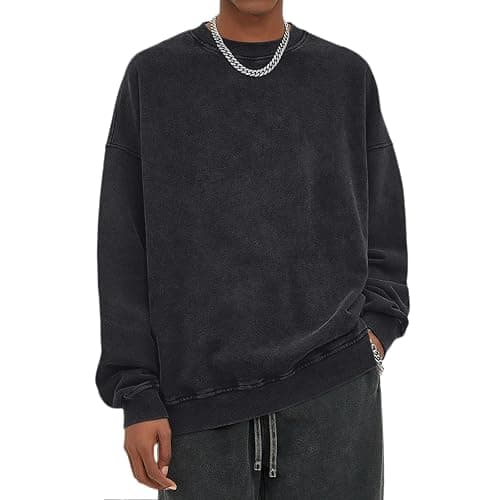 BINTEHGS Mens Oversized Vintage Sweatshirts Acid Wash Plain Crewneck Sweatshirt Streetwear Unisex Distressed Couple Pullover - Image 1