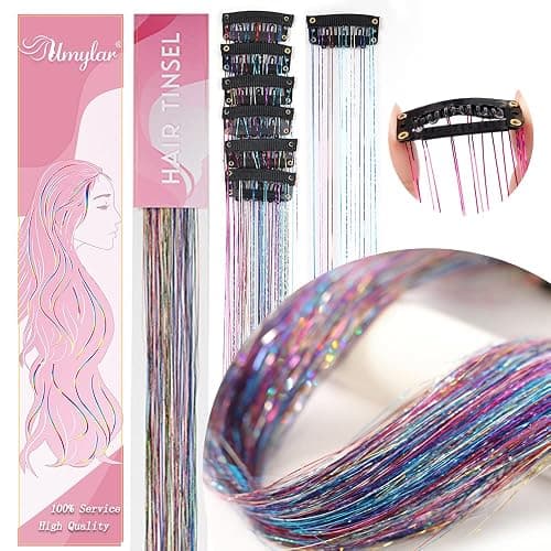 Hair Tinsel Pack of 12 Pcs Colorful Glitter Hair Accessories 20 Inch Clip in Hair Tinsel Extensions Fairy Hair Accessories Party Kit for Women Girls 12Pcs,Colorful# thumbnail 2