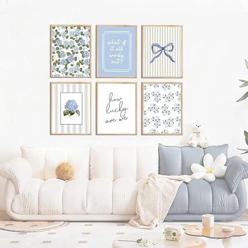 6 Pcs Blue Hydrangea Bow Canvas Wall Art How Lucky Are We Poster Prints Trendy Striped Coquette Paintings Pictures Sage Green Coastal Preppy Aesthetic Wall Decor for Girl Room Bedroom Living Room Office Dorm Apartment 8x10 Inch Unframed thumbnail 2