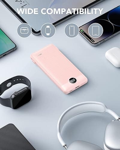 VRURC Portable Charger Built-in Cables and AC Wall Plug,USB C Power Bank 10000mAh, Travel Essentials Phone Charger Compact Lightweight External Battery Pack for Smart Phones, Tablets etc-Pink thumbnail 7