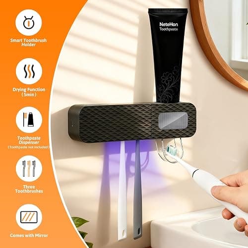 NeteHon Smart Toothbrush Holder, Wall Mounted Toothbrush Holder with Toothpaste Dispenser, Drying Function and 3 Toothbrush Slots for Bathroom (Black) thumbnail 3