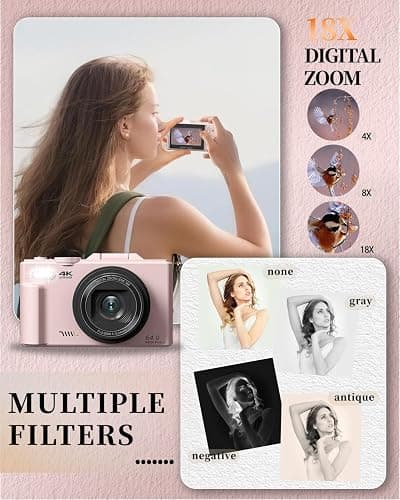 ULPTXOO 4K Digital Camera for Beginners & Teens, Compact Vlogging Camera with 180° Flip Screen, Autofocus, Easy-to-Use for Travel & YouTube, 18X Zoom, WiFi, 2 Batteries, 32GB Card thumbnail 6