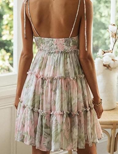 Gihuo Womens Floral Mini Dress Boho Flowy Skater Spaghetti Strap Ruffle Sleeveless Beach Dress 2024 Summer Sundresses thumbnail 4