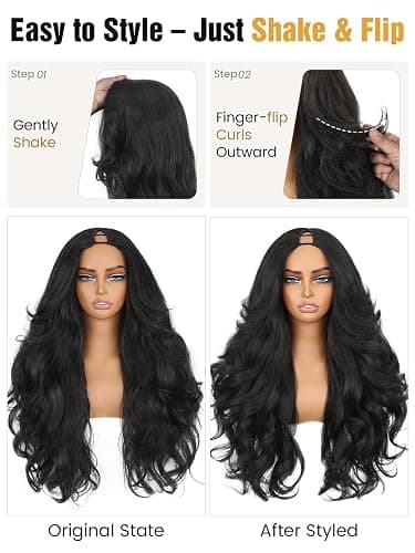 HANNE Yaki Wavy Flip Curls V Part Wig Curly U Part Wig 26’’ Fluffy Half Wig | Natural Black,230g,Glueless Wig,Synthetic,Heat Safe to 356℉,Hair Replacement Wigs,Beginner Friendly,Daily and Party Use thumbnail 8