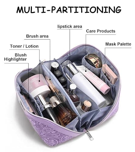 BOYATU Travel Makeup Bags Cosmetic Organizer Bag: 3 Pcs Set Large Capacity Floral Make up Bag with Compartments - Waterproof Leather Toiletry Bags with Handle for Women (21-Purple) thumbnail 3
