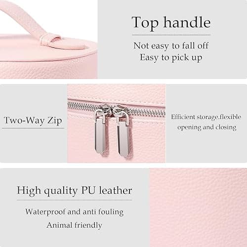 IEMIEBOAMGNOY Leather Make Up Bags With Compartments, Pink Travel Cosmetic Bags for Women, Parallel Makeup Travel Bags Organizer Equipped With a Detachable Divider thumbnail 3