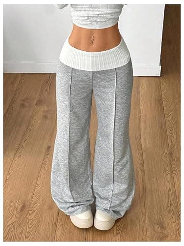 Verdusa Women's Fold Over Baggy Pants Athletic Wide Leg Sweatpants Fitness Clothing Lightweight Bell Bottoms thumbnail 5